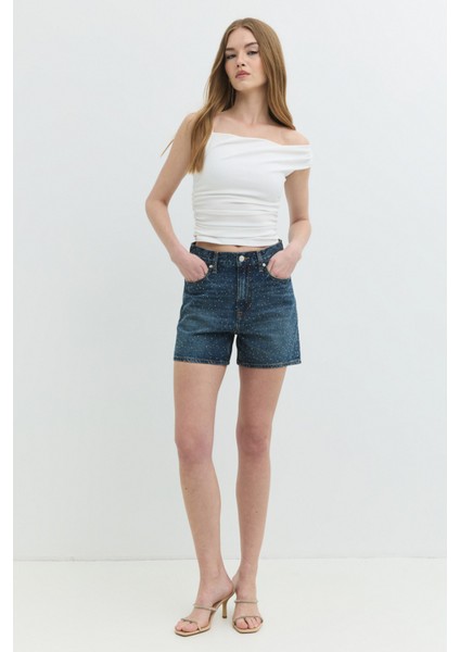 Deborah Straight Fit Taşlı Orta Indigo Jean Şort