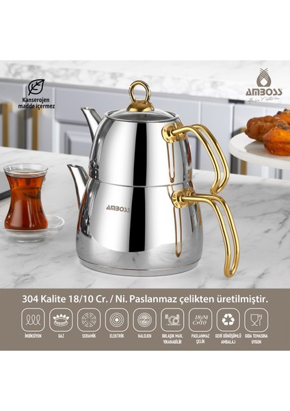 Aquamarine Special Gold Kulplu Indüksiyon Tabanlı Paslanmaz Çelik Çaydanlık