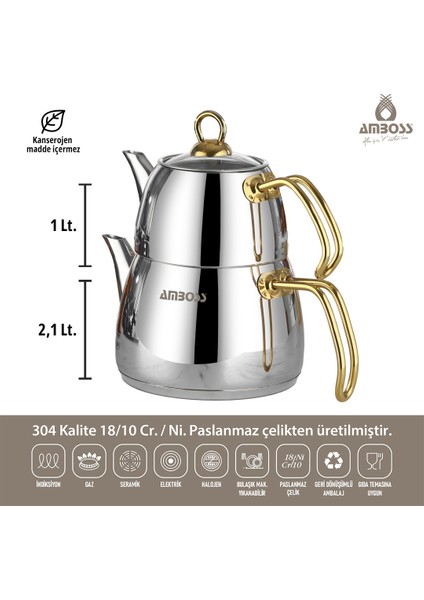 Aquamarine Special Gold Kulplu Indüksiyon Tabanlı Paslanmaz Çelik Çaydanlık