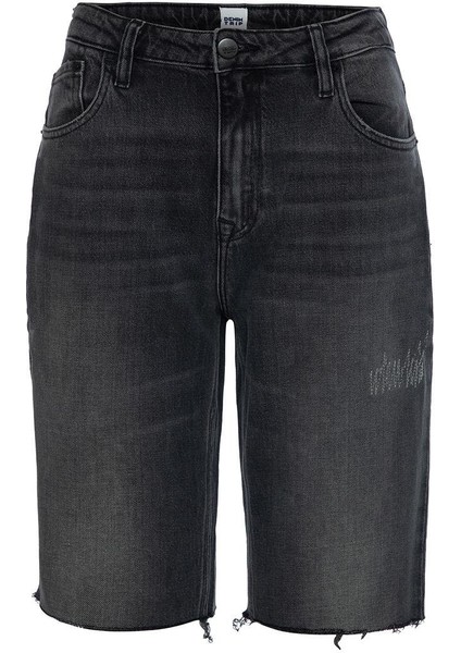 Mom Fit Kesik Paça Antrasit Uzun Kadın Jean Şort