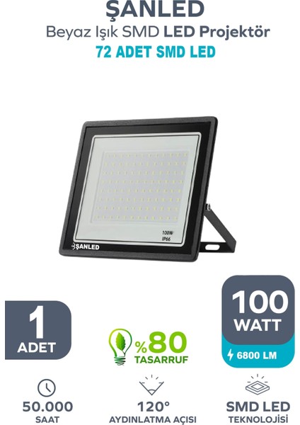 100W 6800 Lümen 6500K Beyaz Işık Smd LED Projektör 1 Adet
