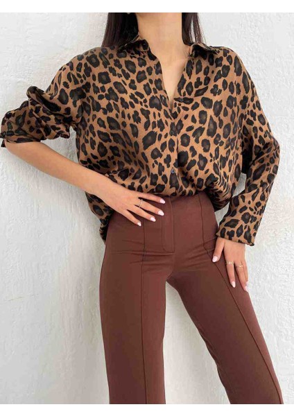 Leopar Desenli Saten Gömlek