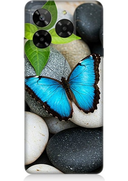 General Mobile Era 50 Uyumlu Mavilikte Taş Üzerinde Kelebek Desenli Silikon Kılıf