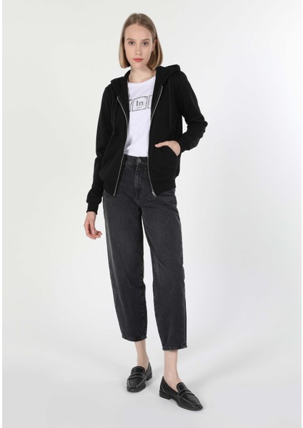 Regular Fit Kapüşonlu Düz Kadın Siyah Sweatshirt