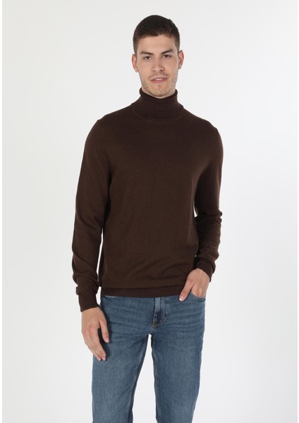 Slim Fit Balıkçı Yaka Jakarlı Erkek Camel Kazak