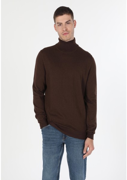 Slim Fit Balıkçı Yaka Jakarlı Erkek Camel Kazak modelleri