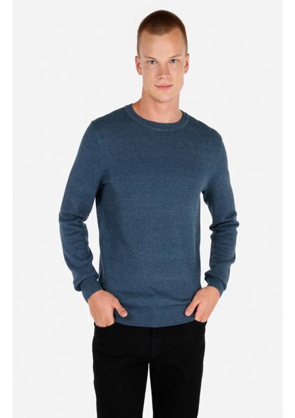 Regular Fit Bisiklet Yaka Normal Kesim Mavi Erkek Kazak