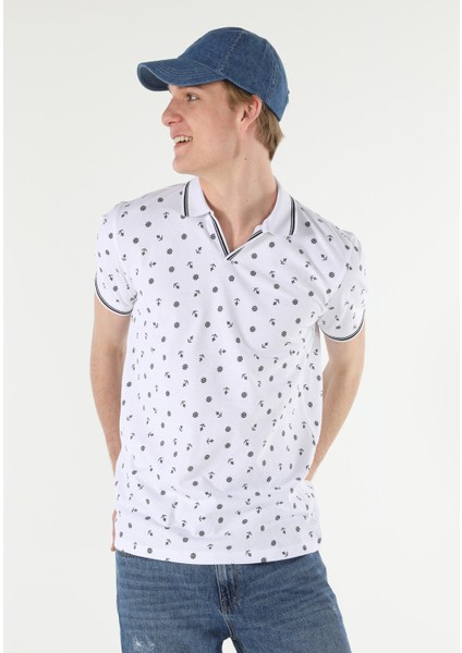 Regular Fit Polo Yaka Baskılı Erkek Beyaz Kısa Kol Tişört