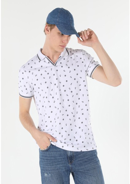 Regular Fit Polo Yaka Baskılı Erkek Beyaz Kısa Kol Tişört modelleri