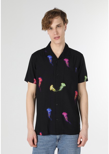 Regular Fit Shirt Neck Baskılı Siyah Erkek Kısa Kol Gömlek