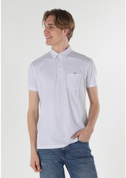 Regular Fit Polo Yaka Baskılı Erkek Beyaz Kısa Kol Tişört