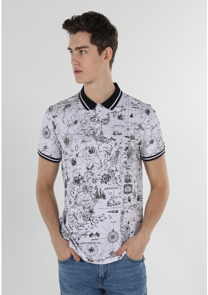 Regular Fit Polo Yaka Baskılı Erkek Beyaz Kısa Kol Tişört modelleri