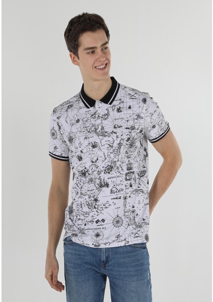 Regular Fit Polo Yaka Baskılı Erkek Beyaz Kısa Kol Tişört fırsatları