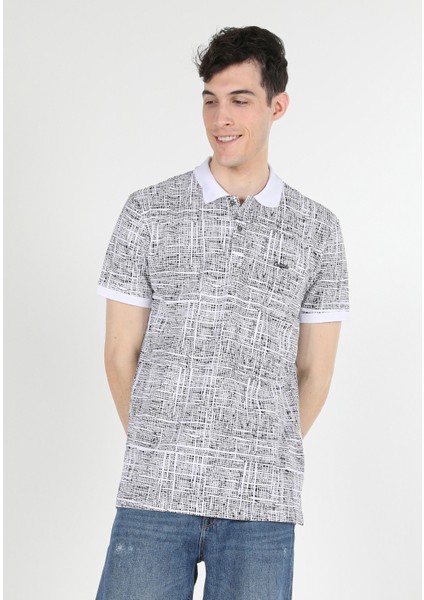 Regular Fit Polo Yaka Baskılı Erkek Beyaz Kısa Kol Tişört fırsatları