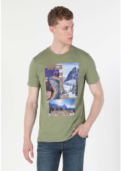 Regular Fit Bisiklet Yaka Baskılı Yeşil Erkek Kısa Kol Tişört