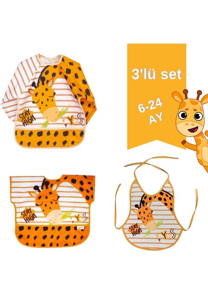 Uzun Kollu Sıvı Geçirmez Mama Önlüğü – Gıda Cepli, Eğlenceli Desenli, 6- 24 Ay, 3'lü Zürafa Set