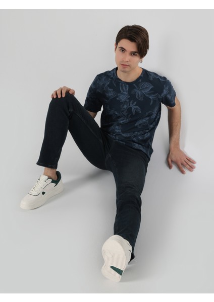Regular Fit Yuvarlak Yaka Baskılı Erkek Lacivert Kısa Kol Tişört