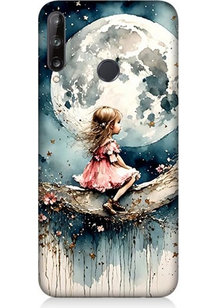 Huawei P40 Lite E Uyumlu Ay Üzerinde Hayalci Kız Desenli Silikon Kılıf