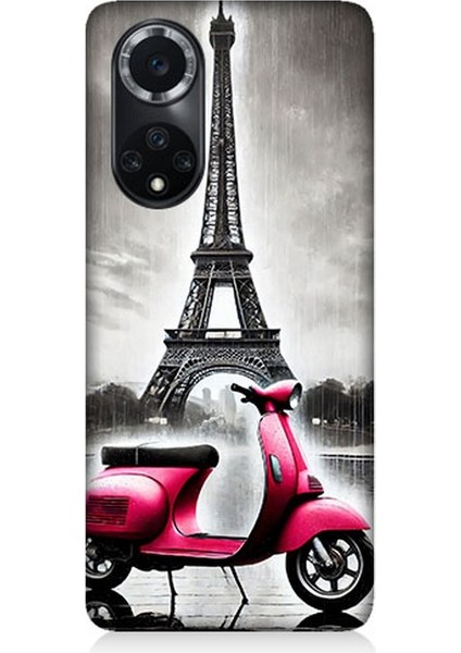 Huawei Nova 9 Uyumlu Pembe Scooter Eyfel Önü Desenli Silikon Kılıf