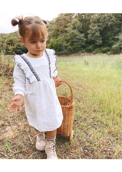 Nakışlı Fırfırlı Mevsimlik Elbise 1-8 Yaş Ekru