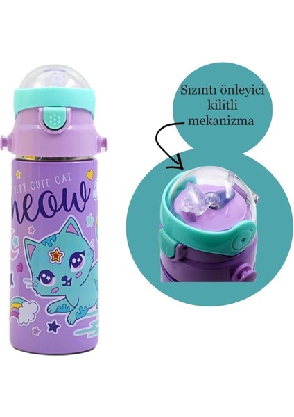 Mor kedi desenli, pipetli çelik matara, 550 ml metal tasarım