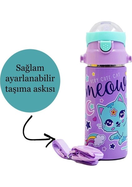 Mor kedi desenli, pipetli çelik matara, 550 ml metal tasarım fiyatları