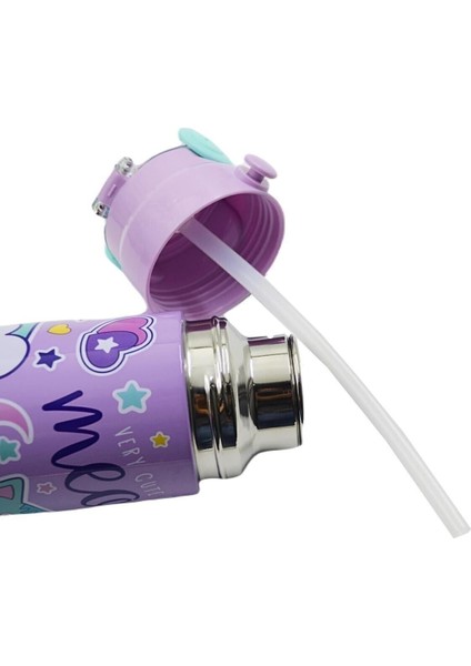 Mor kedi desenli, pipetli çelik matara, 550 ml metal tasarım fırsatları