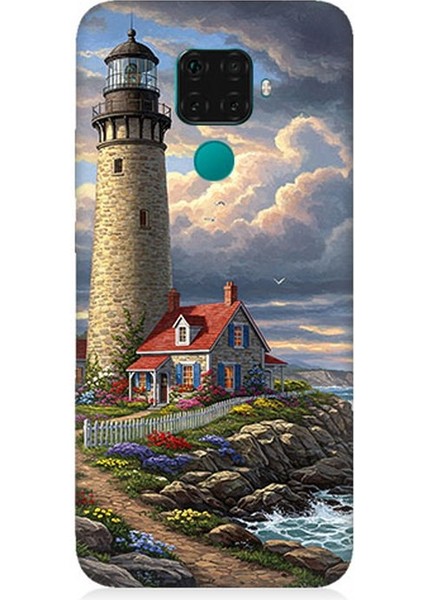 Huawei Mate 30 Lite Uyumlu Kayalıkta Gök Altında Deniz Feneri Desenli Silikon Kılıf