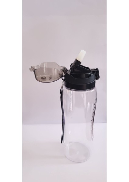 Şeffaf 0,75L Tuşlu Otomatik Kapaklı Plastik Suluk, Pipetli, BPA Free, Siyah