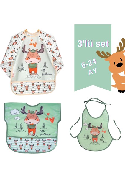 Uzun Kollu Sıvı Geçirmez Mama Önlüğü – Gıda Cepli, Eğlenceli Desenli, 6- 24 Ay, Geyik 3'lü Set