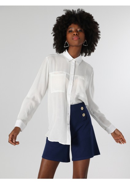 Regular Fit Shirt Neck Düz Kadın Beyaz Uzun Kol Gömlek