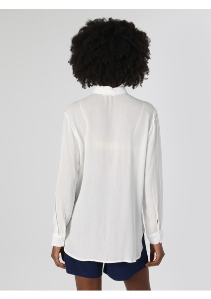 Regular Fit Shirt Neck Düz Kadın Beyaz Uzun Kol Gömlek fiyatları