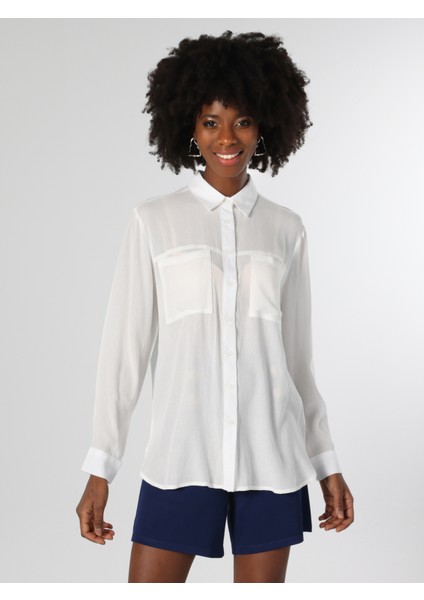 Regular Fit Shirt Neck Düz Kadın Beyaz Uzun Kol Gömlek fırsatları