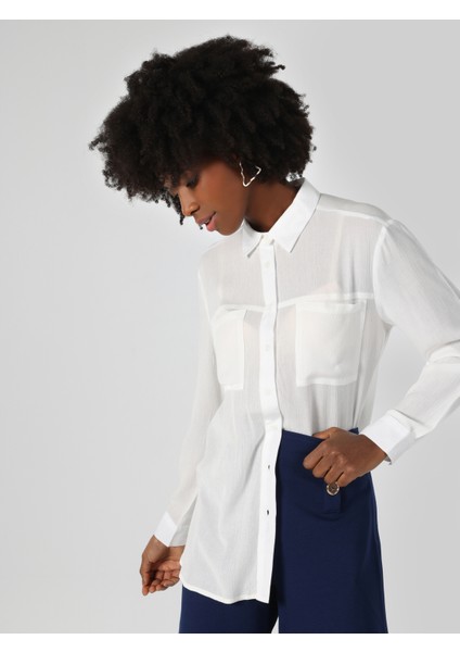 Regular Fit Shirt Neck Düz Kadın Beyaz Uzun Kol Gömlek indirimleri