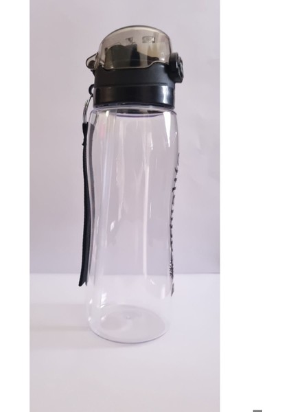 Şeffaf 0,75L Tuşlu Otomatik Kapaklı Plastik Suluk, Pipetli, BPA Free, Siyah