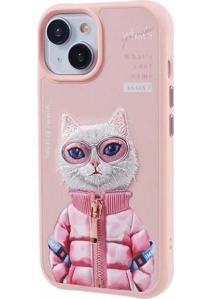 iPhone 15 Uyumlu 3D Gözlük Fermuar Beauty Kedi Nakış İşlemeli Kabartmalı Cool Cute Kılıf