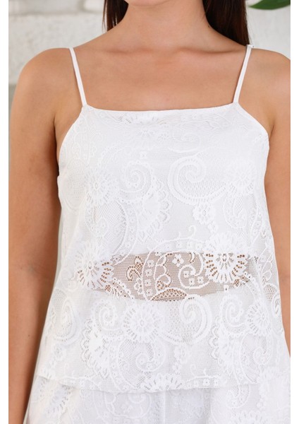 Kadın Beyaz Saten Dantelli Askılı Şık Pijama Takımı fırsatları