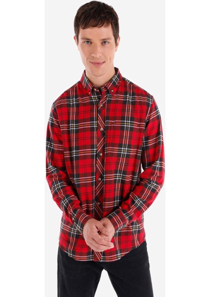 Regular Fit Shirt Neck Ekoseli Erkek Kirmizi Uzun Kol Gömlek