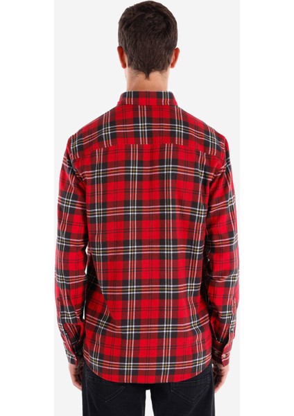 Regular Fit Shirt Neck Ekoseli Erkek Kirmizi Uzun Kol Gömlek
