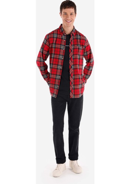 Regular Fit Shirt Neck Ekoseli Erkek Kirmizi Uzun Kol Gömlek