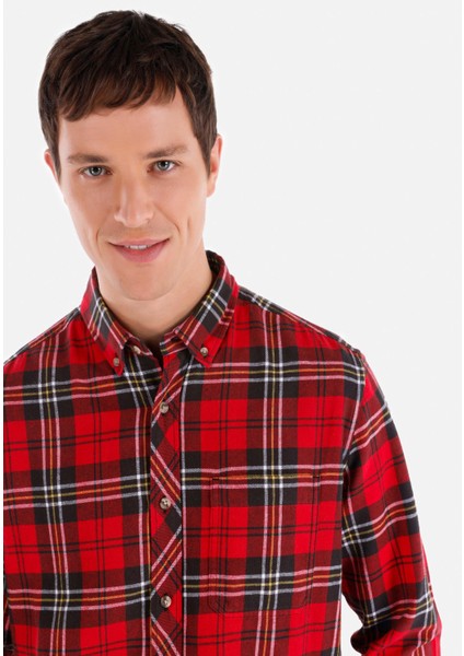 Regular Fit Shirt Neck Ekoseli Erkek Kirmizi Uzun Kol Gömlek