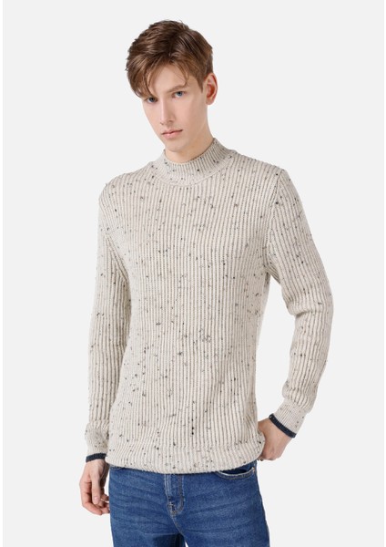 Regular Fit Turtle Neck Jakarlı Erkek Taş Kazak