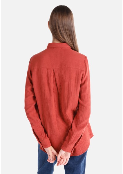 Regular Fit Shirt Neck Düz Kadın Kahverengi Uzun Kol Gömlek