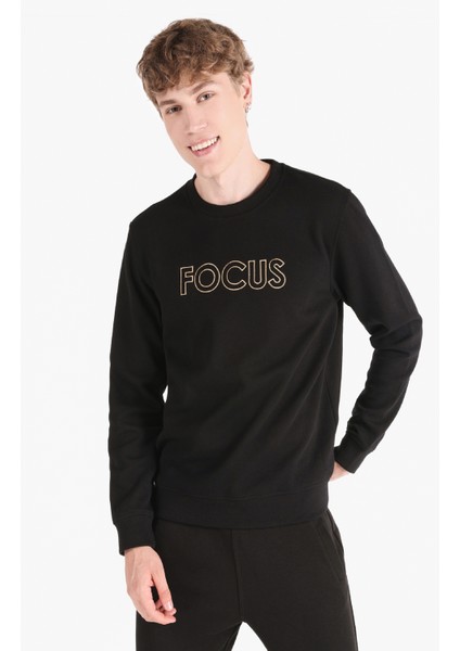 Regular Fit Baskılı Siyah Erkek Sweatshirt