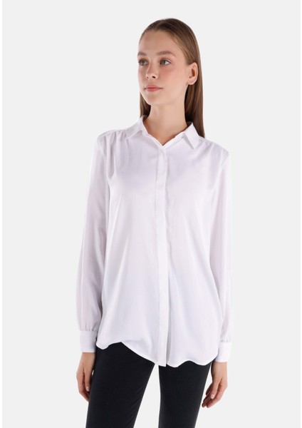 Regular Fit Shirt Neck Düz Kadın Beyaz Uzun Kol Gömlek