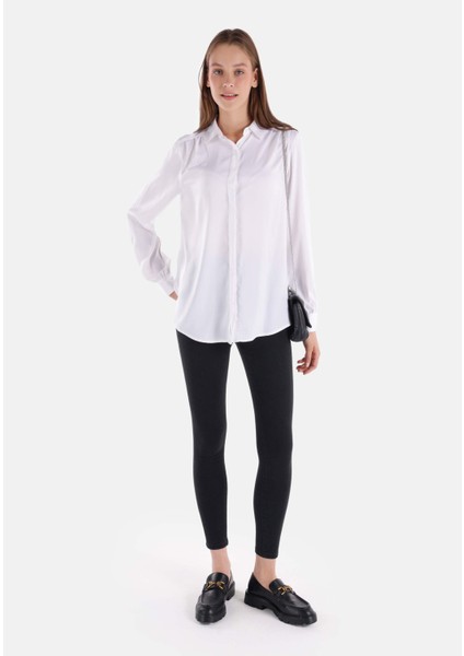 Regular Fit Shirt Neck Düz Kadın Beyaz Uzun Kol Gömlek modelleri
