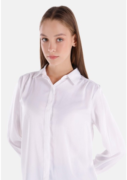 Regular Fit Shirt Neck Düz Kadın Beyaz Uzun Kol Gömlek fırsatları