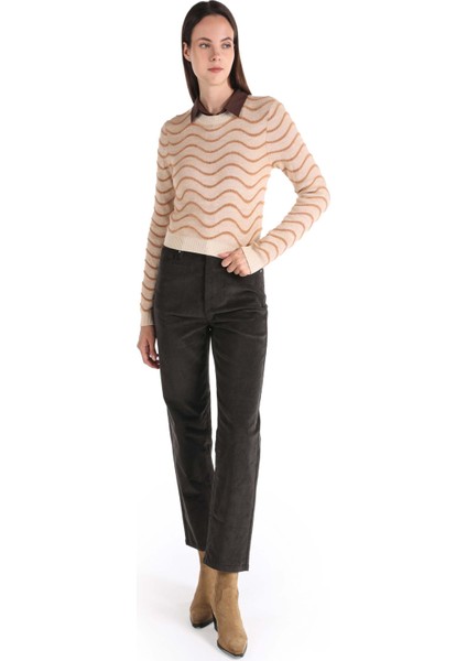 Slim Fit Yuvarlak Yaka Çizgili Kadın Bej Kazak modelleri