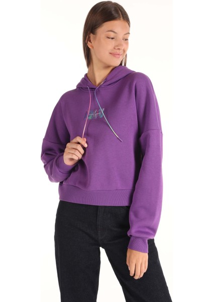 Regular Fit Kapüşonlu Baskılı Kadın Mor Sweatshirt