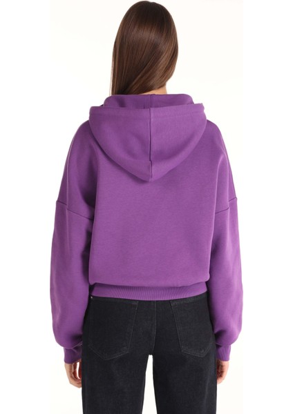 Regular Fit Kapüşonlu Baskılı Kadın Mor Sweatshirt